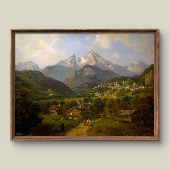 Vintage Mountain Landscape Art Print Rustic Wall Decor Antique Painting Village Instant