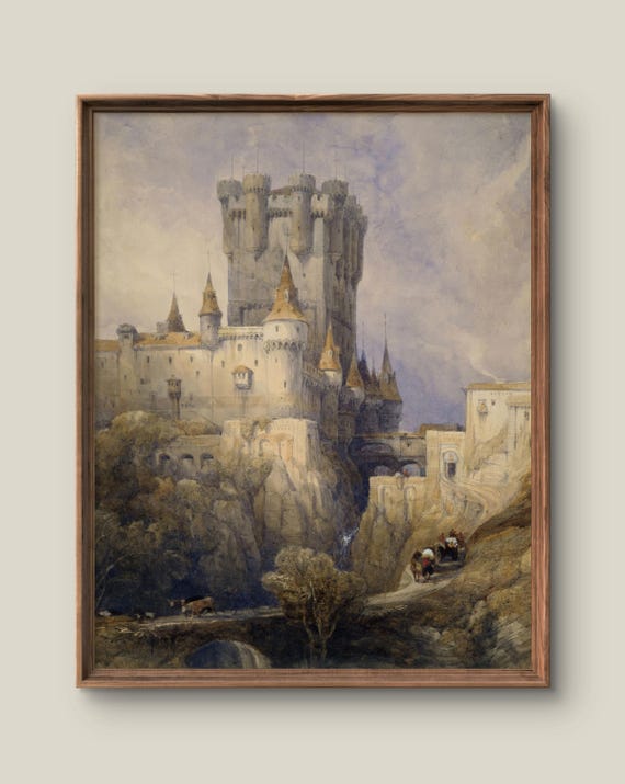 Vintage Castle Landscape Art Print Retro Wall Decor Antique Watercolor Painting Medieval Instant