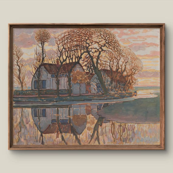 Landscape Art Print Ontemporary Wall Decor Antique Painting Orange Sunset Rustic Instant