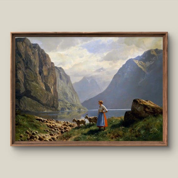 Vintage Summer Landscape Art Print Rustic Wall Decor Antique Painting Mountain Instant