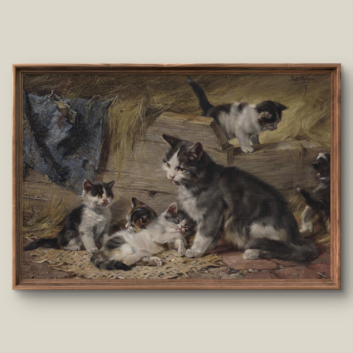 Mother Cat with Kittens in the Barn Vintage Julius Adam Art Print