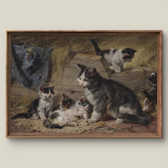 Mother Cat with Kittens in the Barn Vintage Julius Adam Art Print