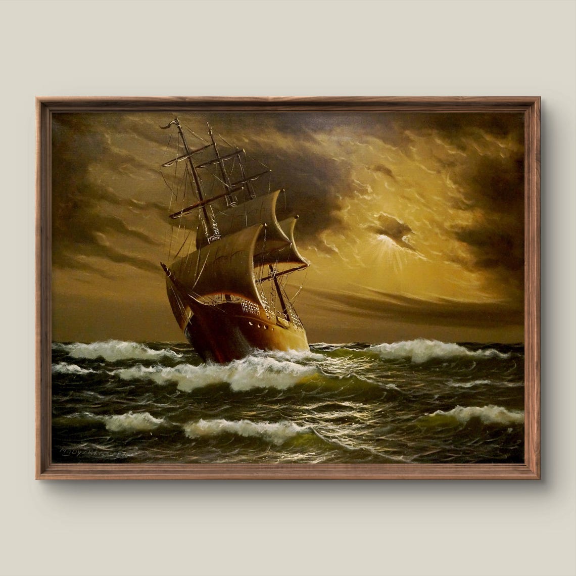 Sailing Ship Stormy Golden Seas Dramatic Maritime Painting Poster