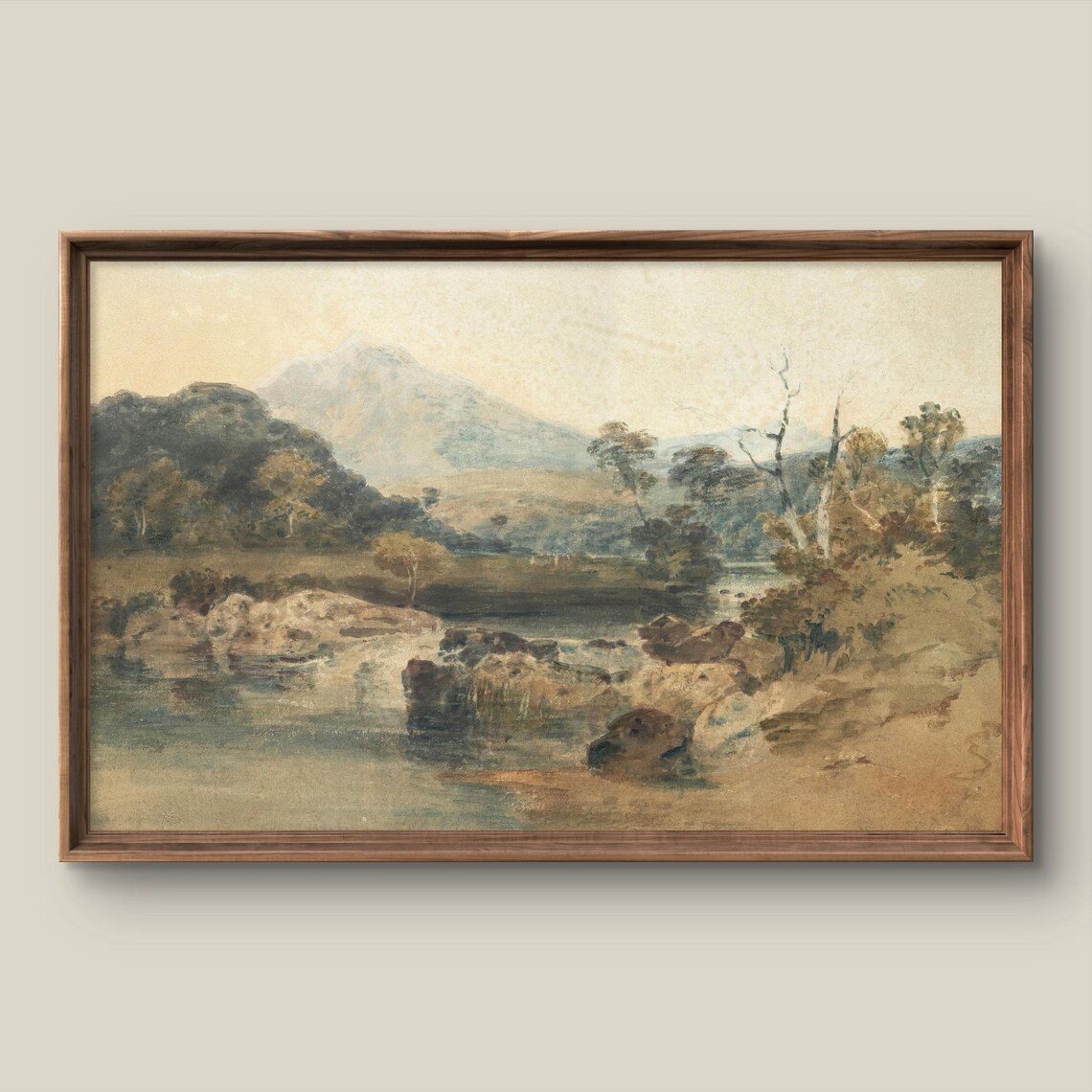 Misty Mountain Stream Rocky Banks Antique Watercolor Landscape Poster