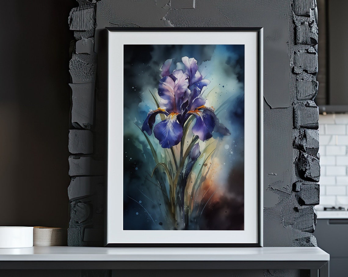 Dramatic Purple Iris Flower Dark Moody Botanical Watercolor Poster