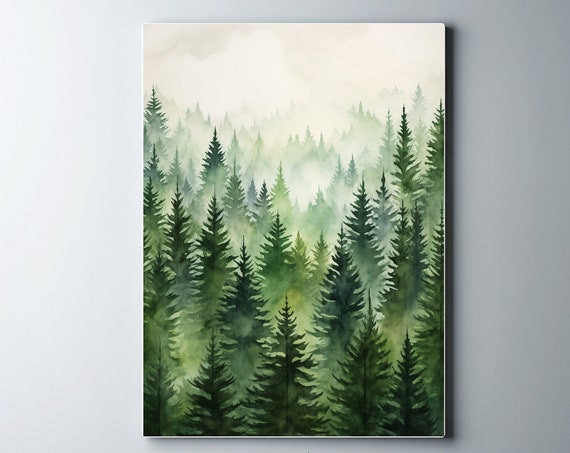 Foggy Forest Painting Wall Art Poster Gift Watercolor Colorful Painting Illustration Nature Minimalist Decor Farm House Art