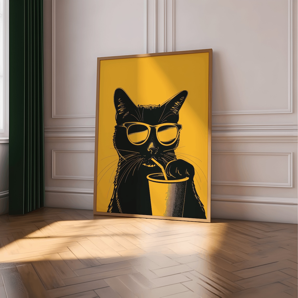 Funny Cat Coffee Lover Gift, Hipster Kitchen Poster