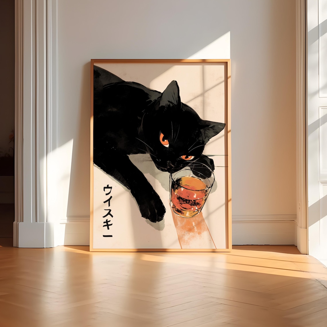 Japanese Whiskey Black Cat Sake Art Print