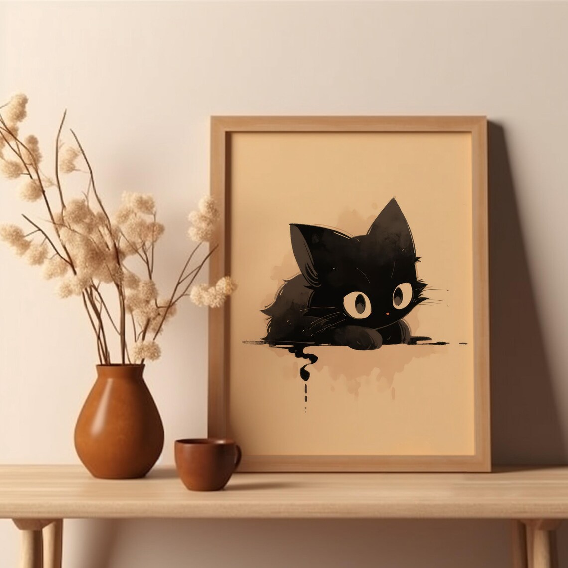 Black Cat Woodblock Print, Japanese Ink Style