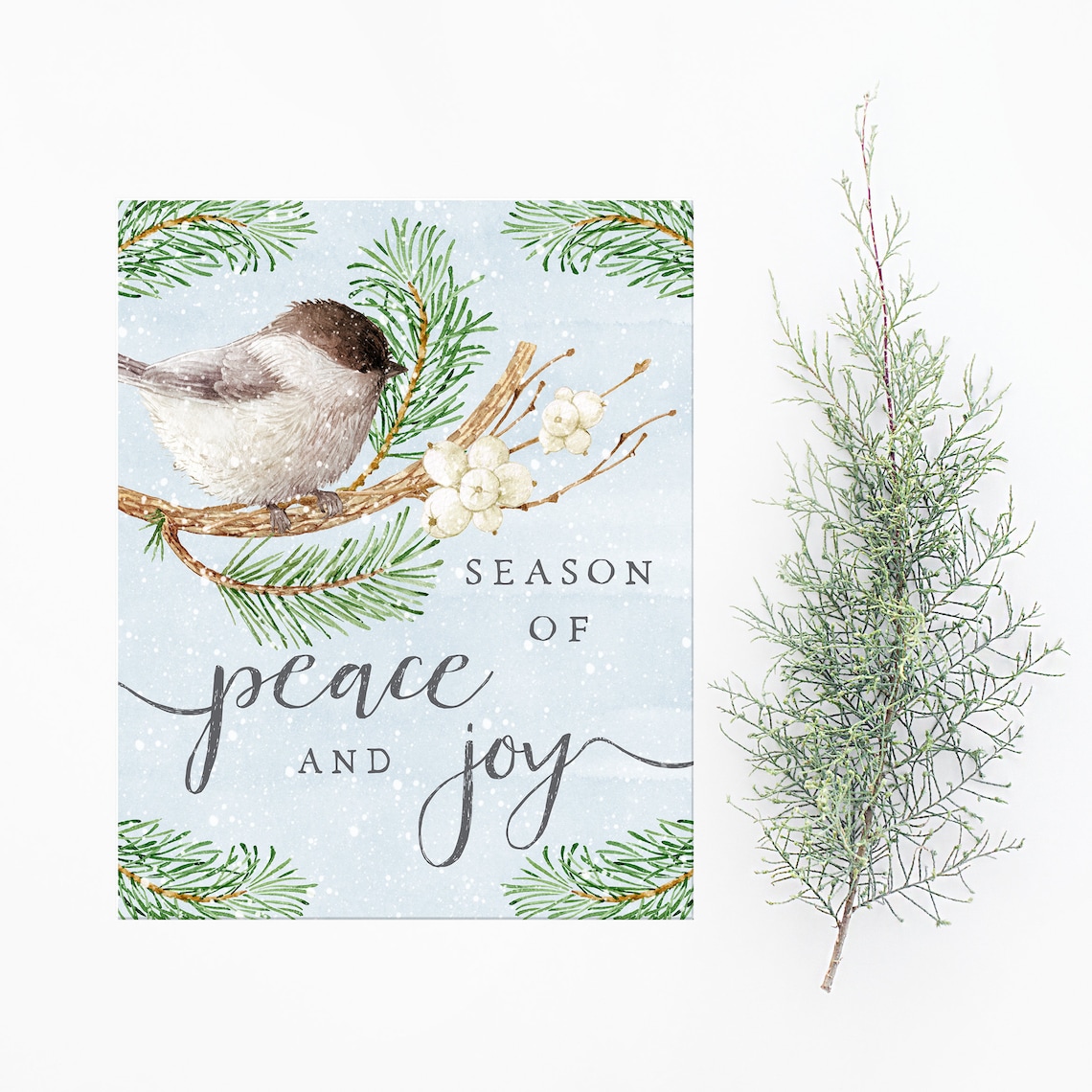 Winter Chickadee Christmas Art Print, Peace and Joy - Image 2