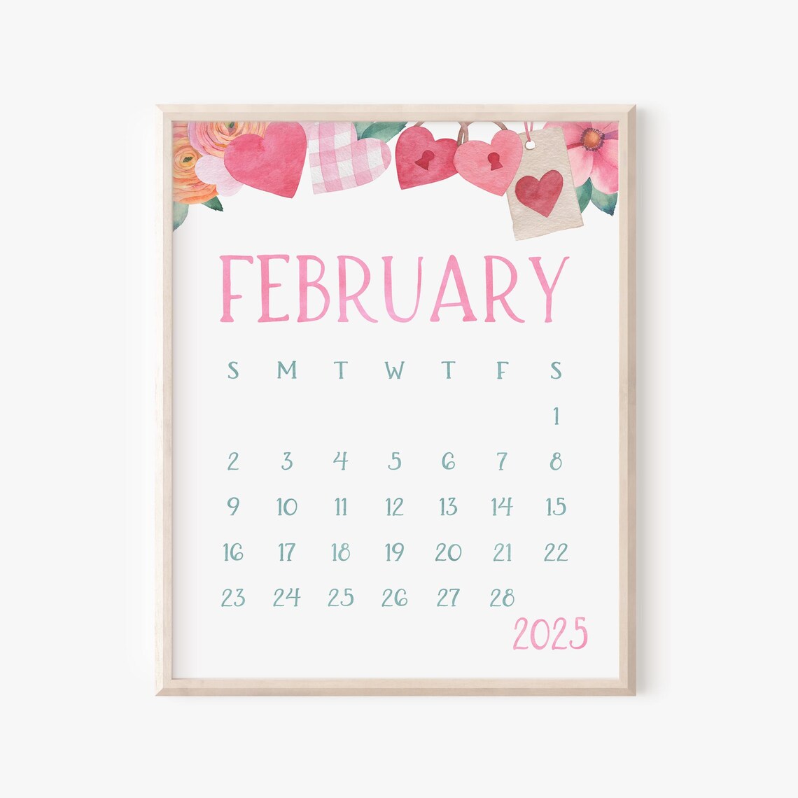 February 2025 Calendar Hearts Garland Valentine Monthly Planner Art - Image 5