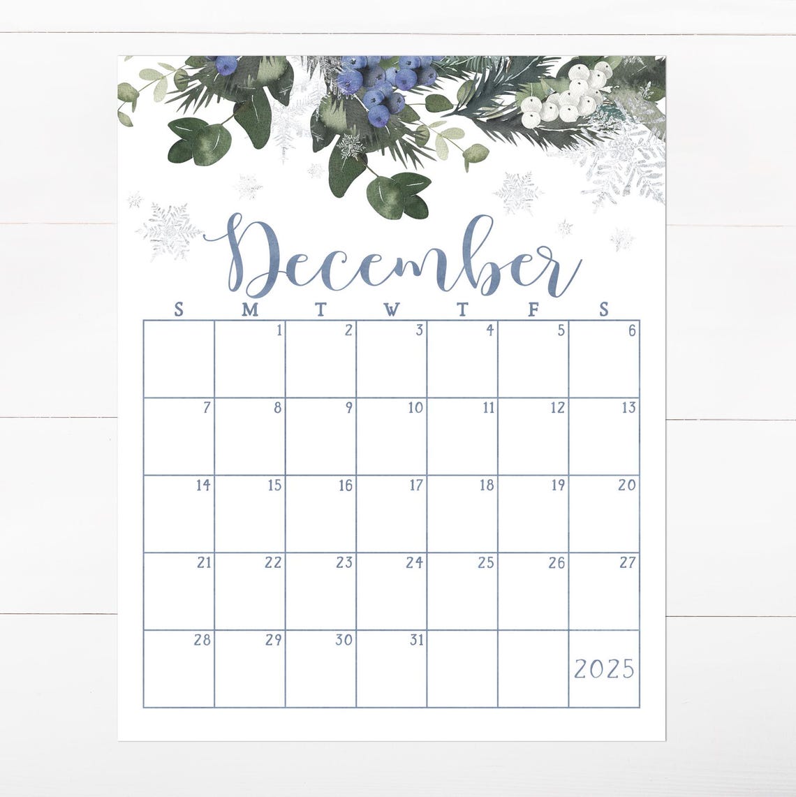 December 2025 Calendar Blue Berries Snowflakes Winter Botanical Print - Image 2