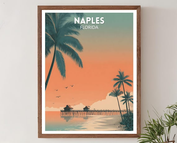 Naples Florida Retro Pier Sunset Palm Beach Travel Art Poster