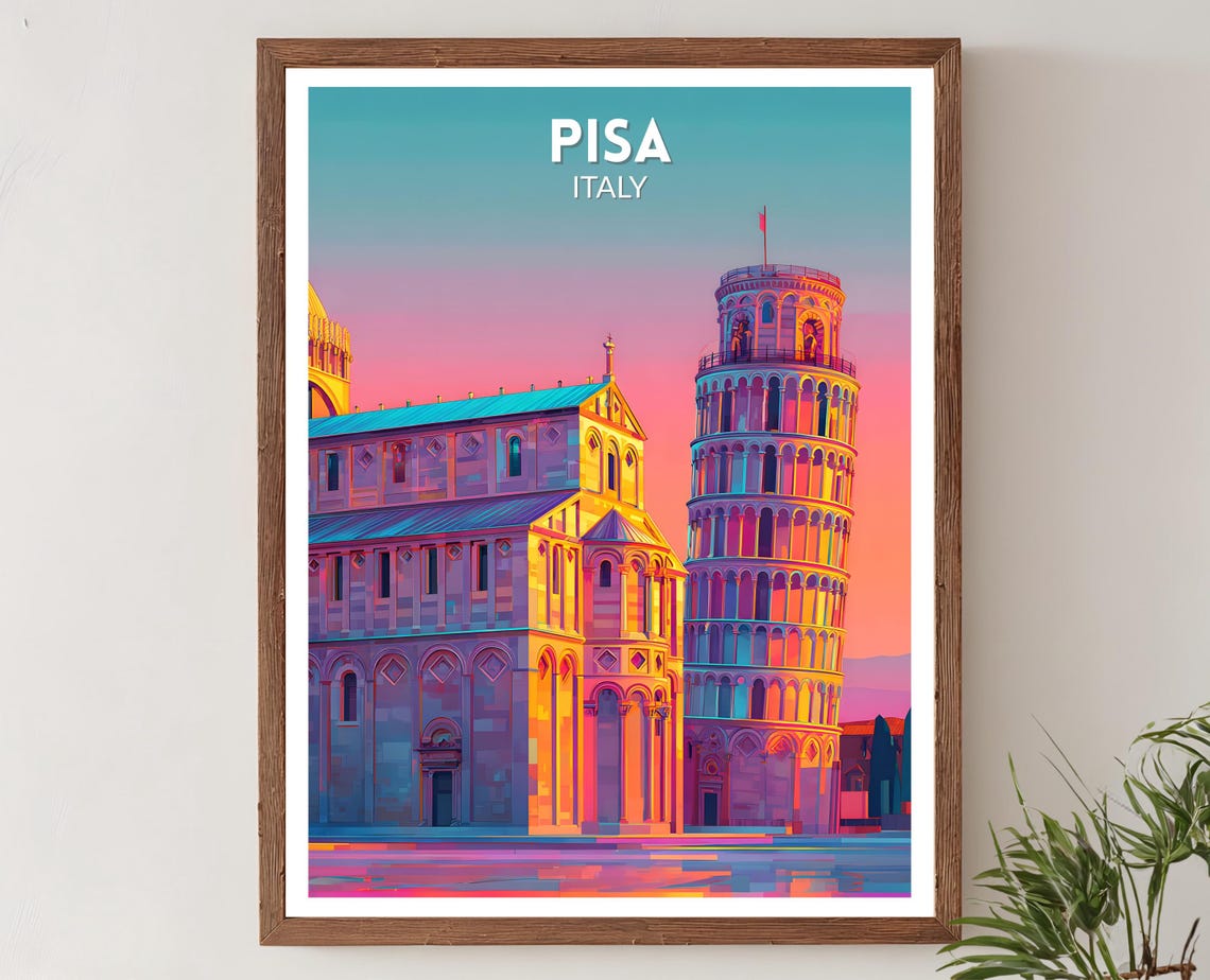 Pisa Italy Leaning Tower Cathedral Neon Sunset Retro Travel Poster