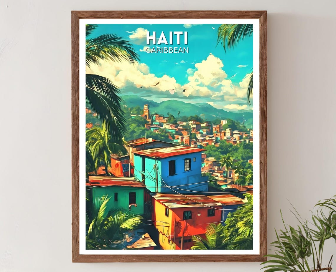 Haiti Caribbean Tropical Island Hillside Town Art Travel Poster