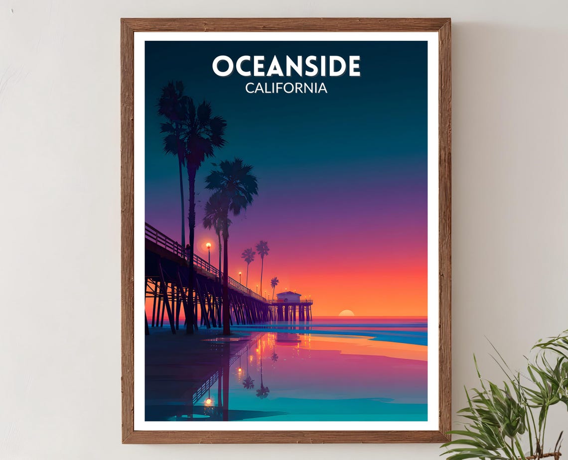 Oceanside California Sunset Pier Retro Travel Poster Palms Ocean View