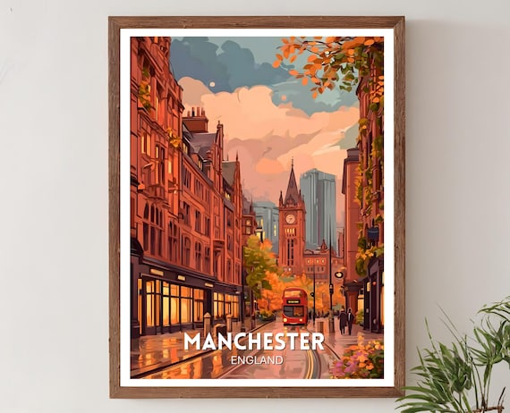 Manchester England Red Brick Street Bus Sunset Travel Wall Poster
