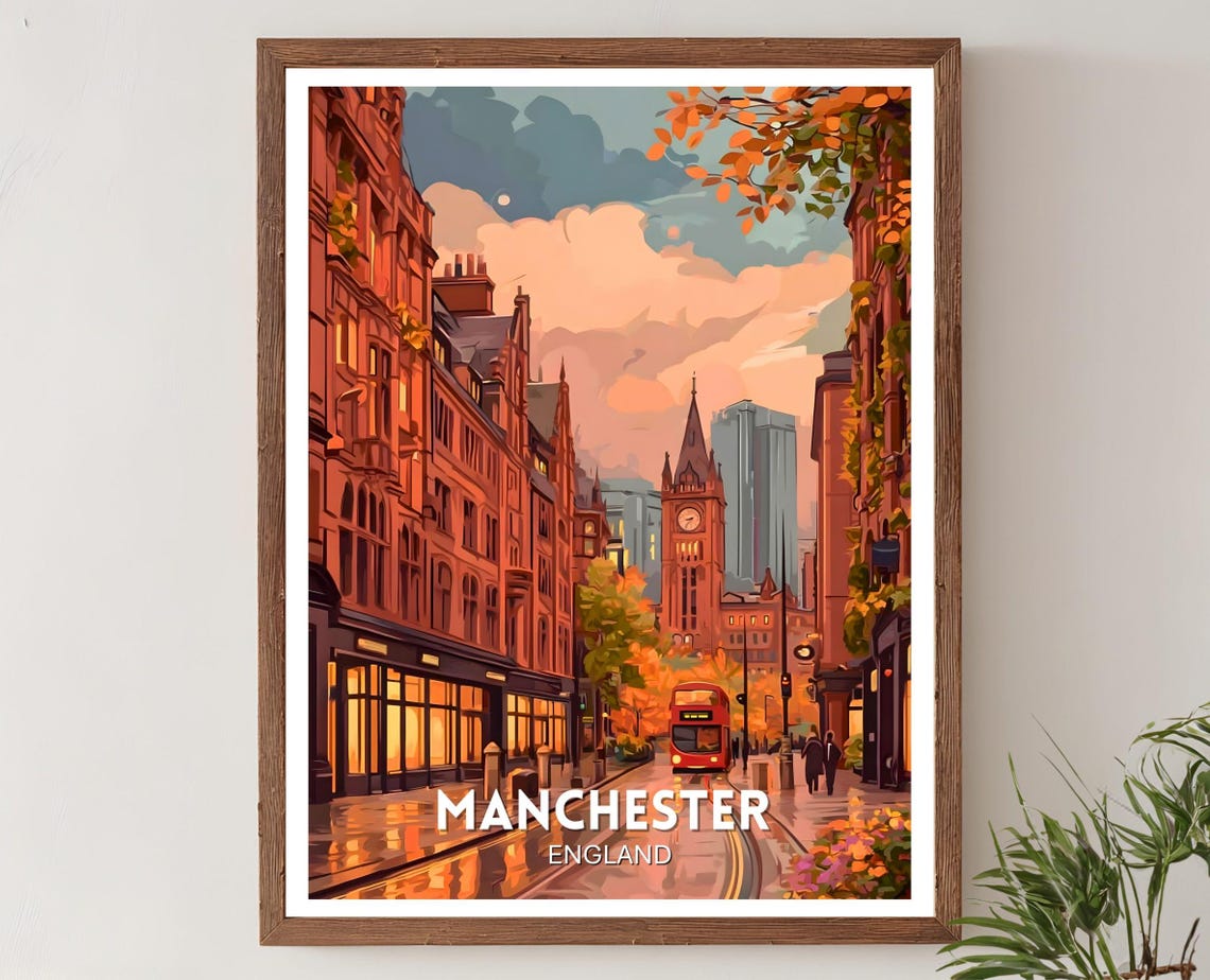 Manchester England Red Brick Street Bus Sunset Travel Wall Poster