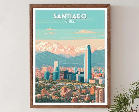 Santiago Chile Retro Travel Poster Mid Century Modern Wall Art Print Vintage Mountain Cityscape Decor Latin Home