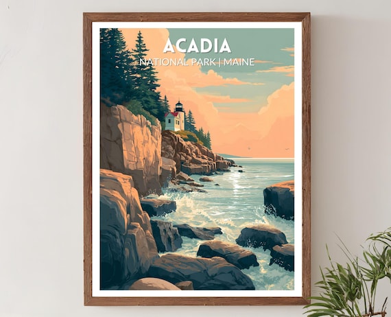 Acadia National Park Maine Lighthouse Rocky Coast Travel Art Poster