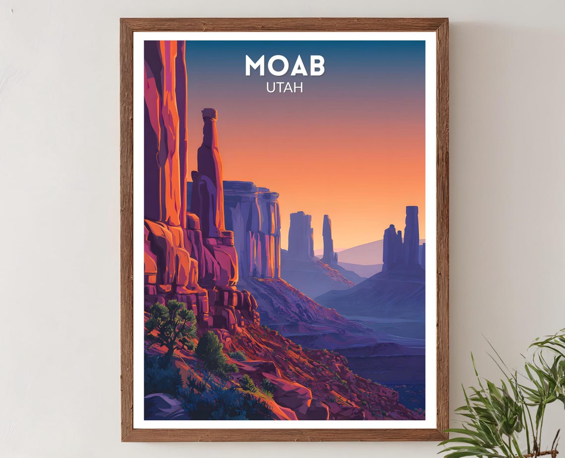 Moab Utah Red Rock Desert Spires Vibrant Sunset Retro Travel Poster