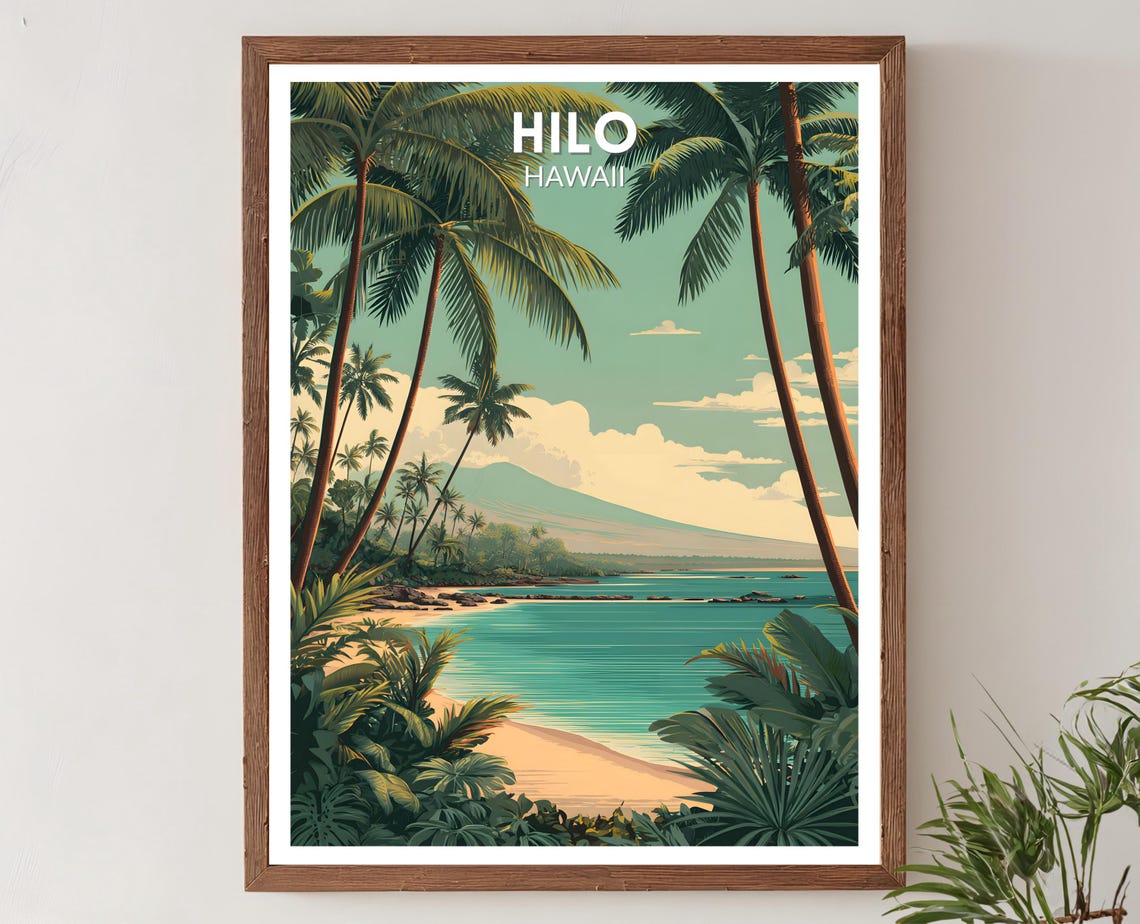 Hilo Hawaii Mid Century Retro Tropical Beach Palm Tree Travel Poster