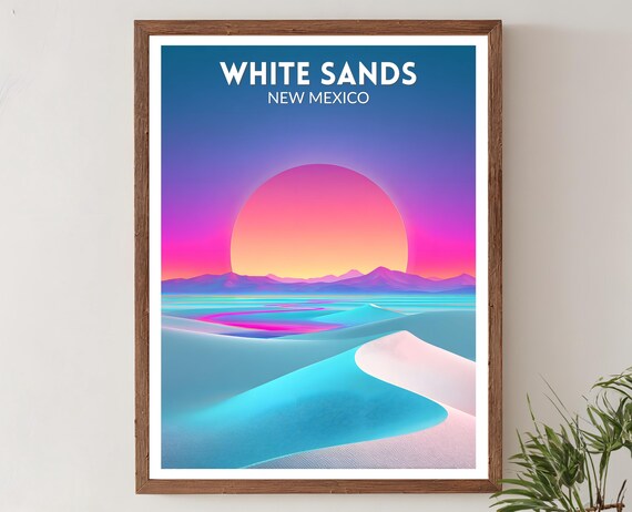White Sands New Mexico Neon Sunset Desert Dunes Retro Travel Poster