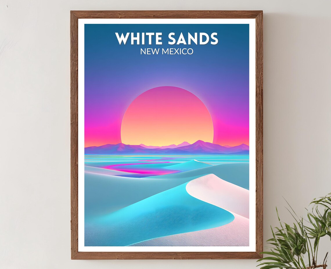White Sands New Mexico Neon Sunset Desert Dunes Retro Travel Poster