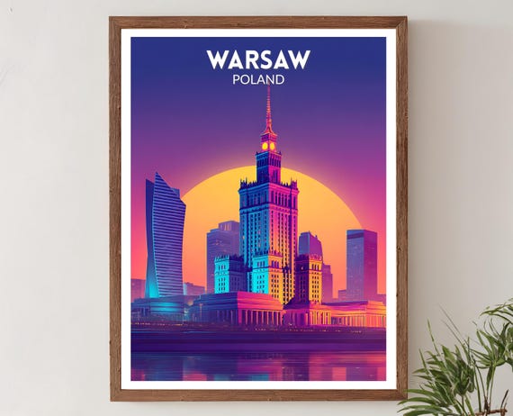 Warsaw Poland Vibrant Travel Poster Retro Futuristic Wall Art Print Colorful Cityscape Modern European Decor