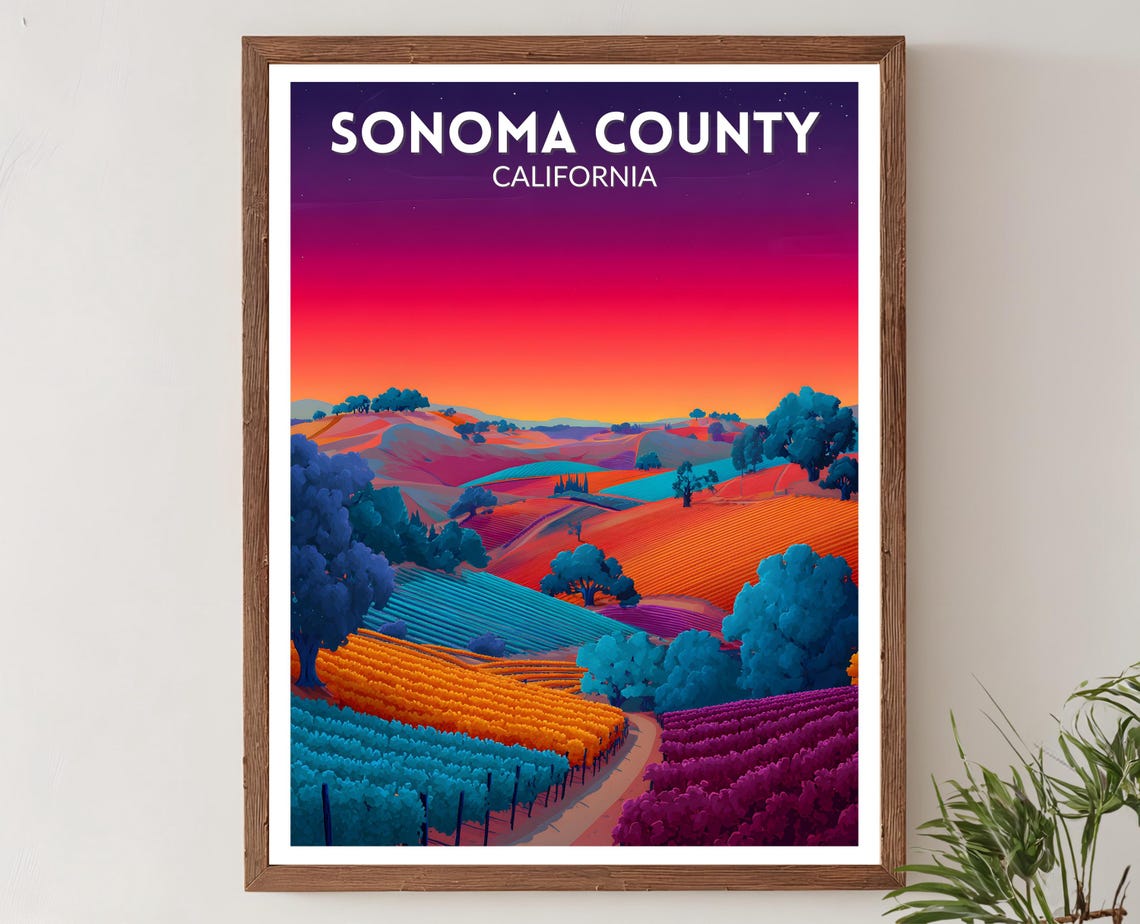 Sonoma County California Vibrant Vineyard Hills Sunset Travel Poster