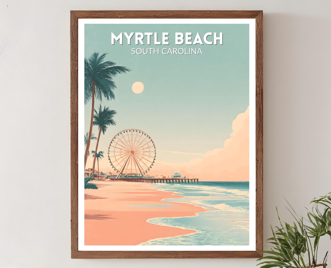 Myrtle Beach South Carolina Retro Ferris Wheel Pier Mid Century Print
