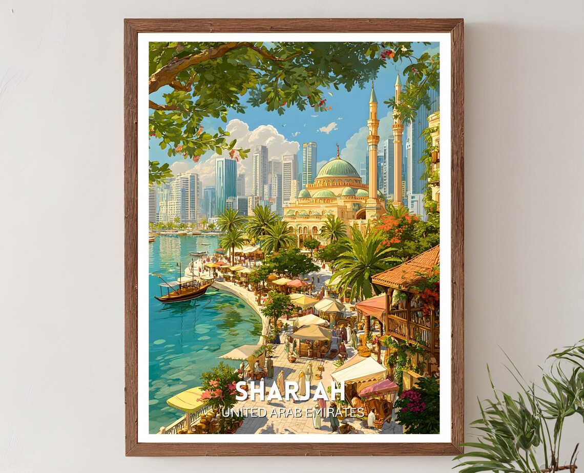 Sharjah United Arab Emirates Waterfront Mosque Travel Art Poster