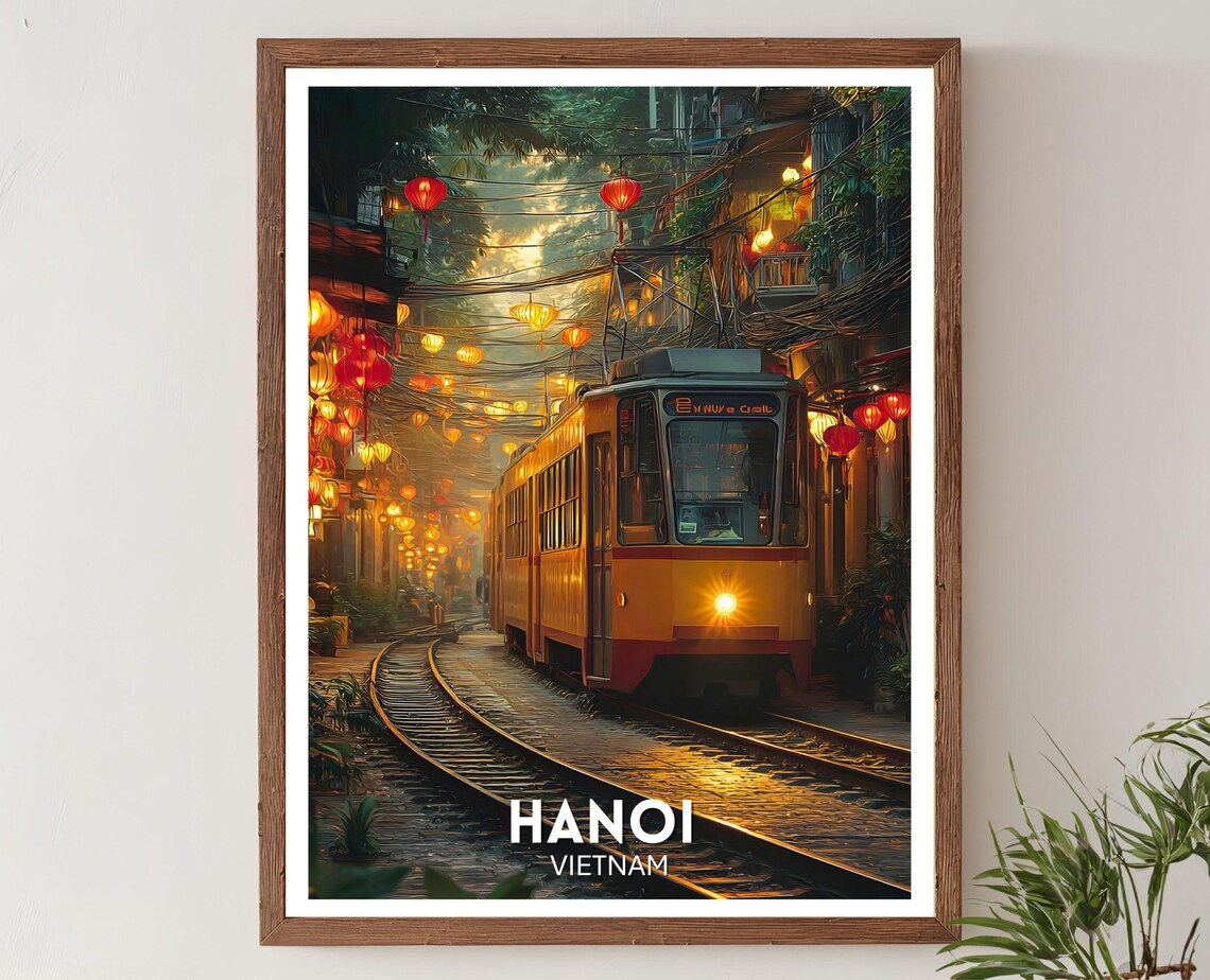 Hanoi Vietnam Night Tram Lantern Street Atmospheric Travel Poster