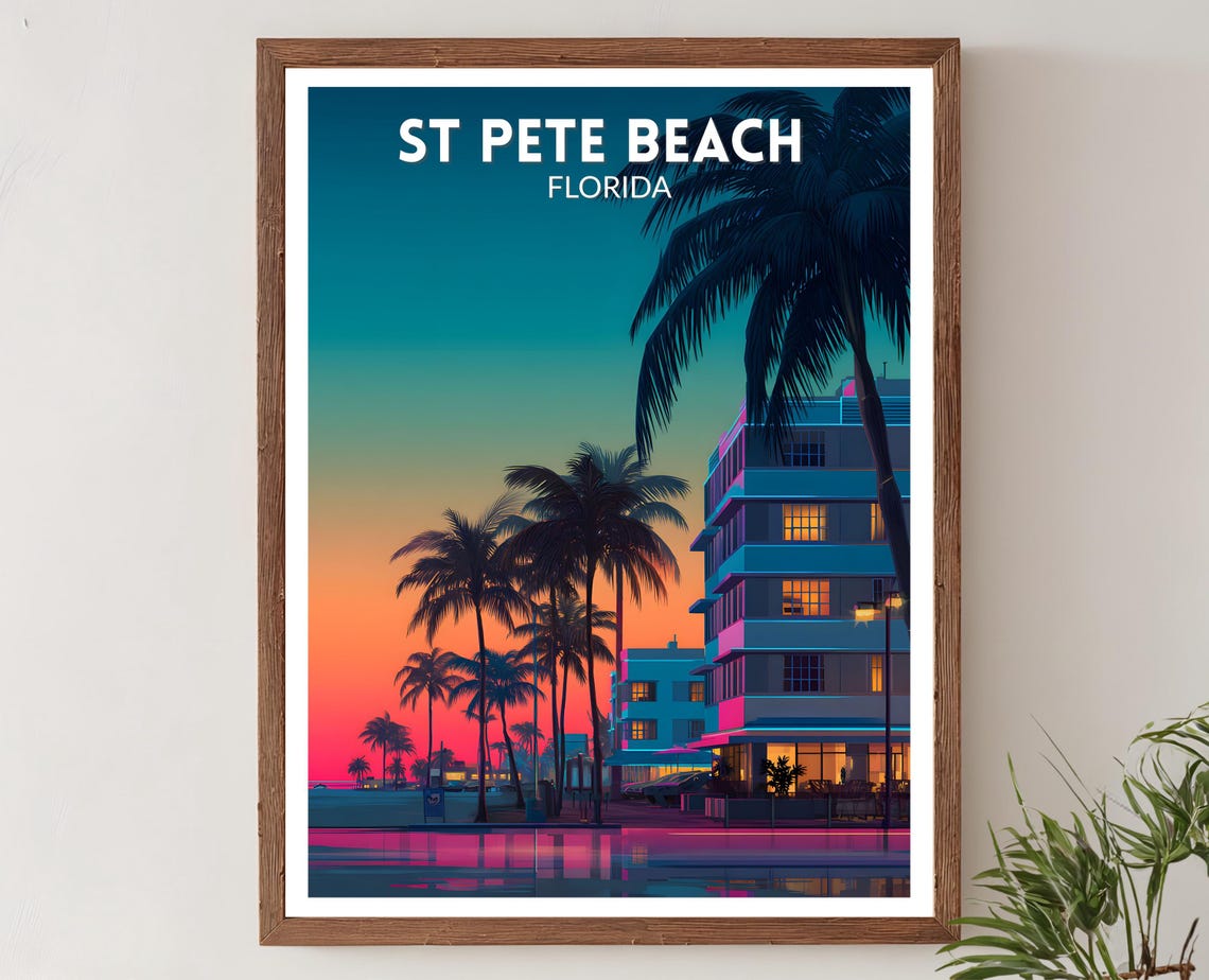 St Pete Beach Florida Art Deco Palms Sunset Beach Travel Poster