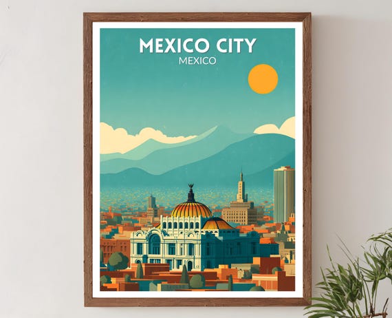Mexico City Retro Travel Poster Mid Century Modern Wall Art Print Vintage Cityscape Decor Latin Home