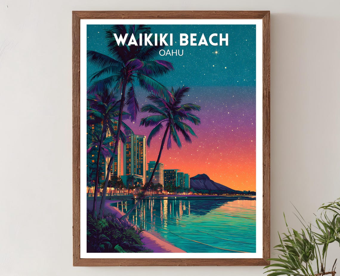 Waikiki Beach Oahu Neon Sunset Palm Retro Futuristic Travel Poster