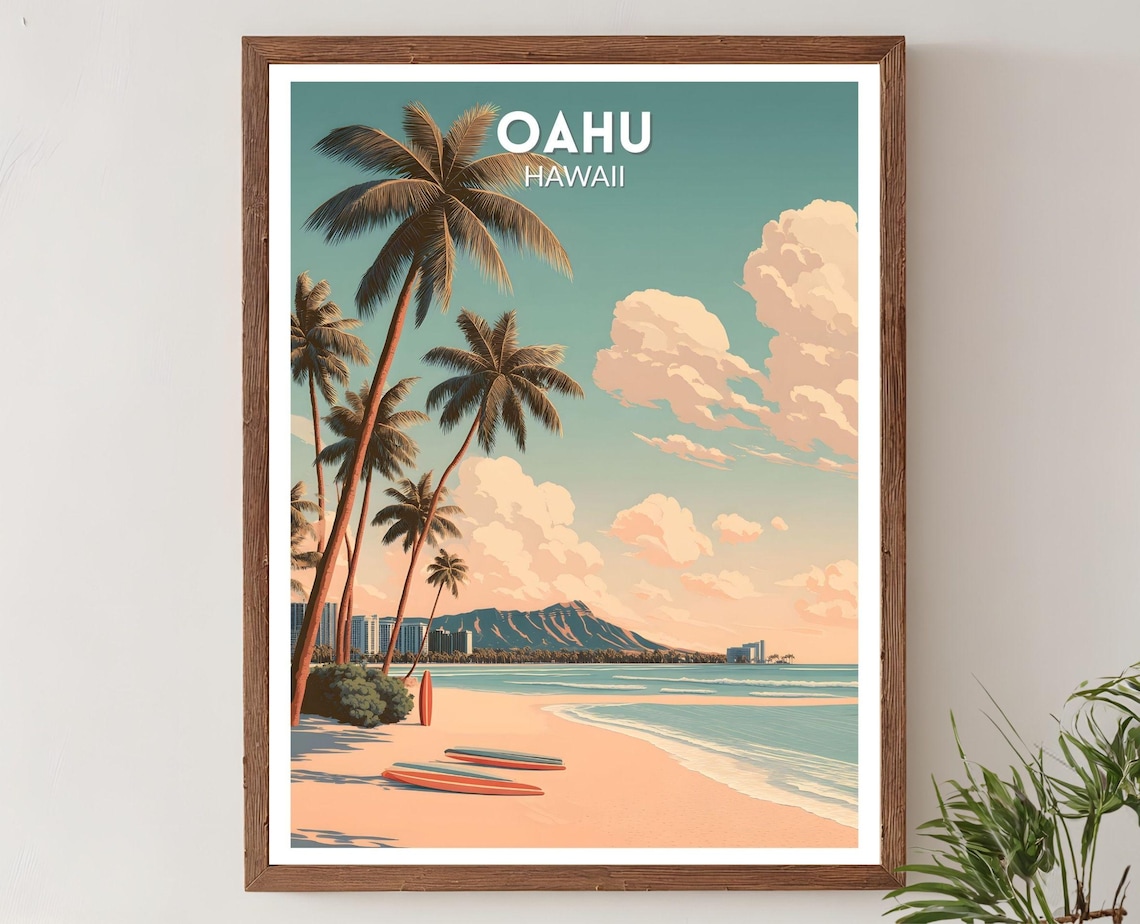 Oahu Hawaii Retro Travel Poster, Mid-Century Modern