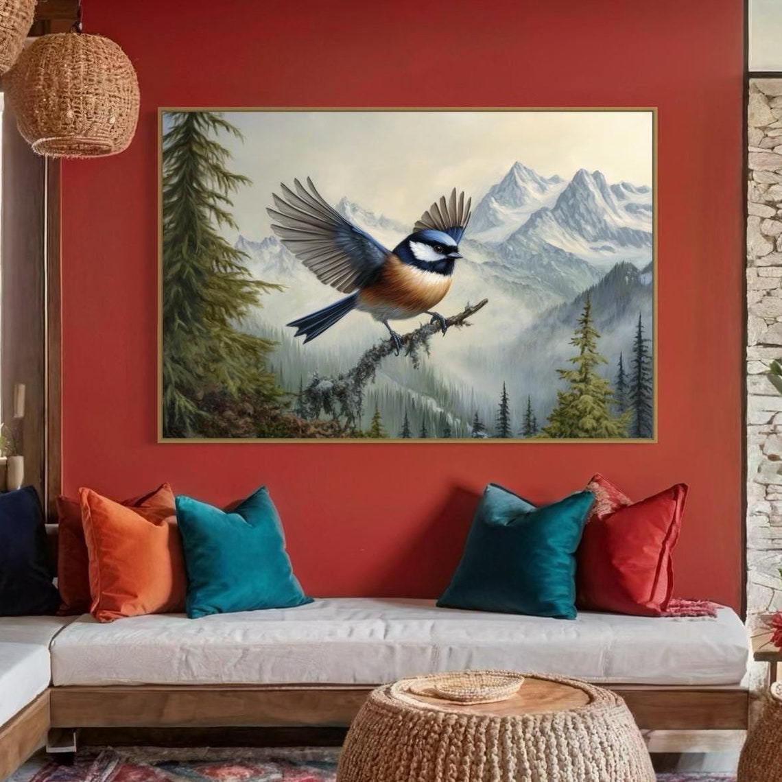 Bluebird Mountain Peaks Wildlife Art Soaring Bird Scenic Nature Poster