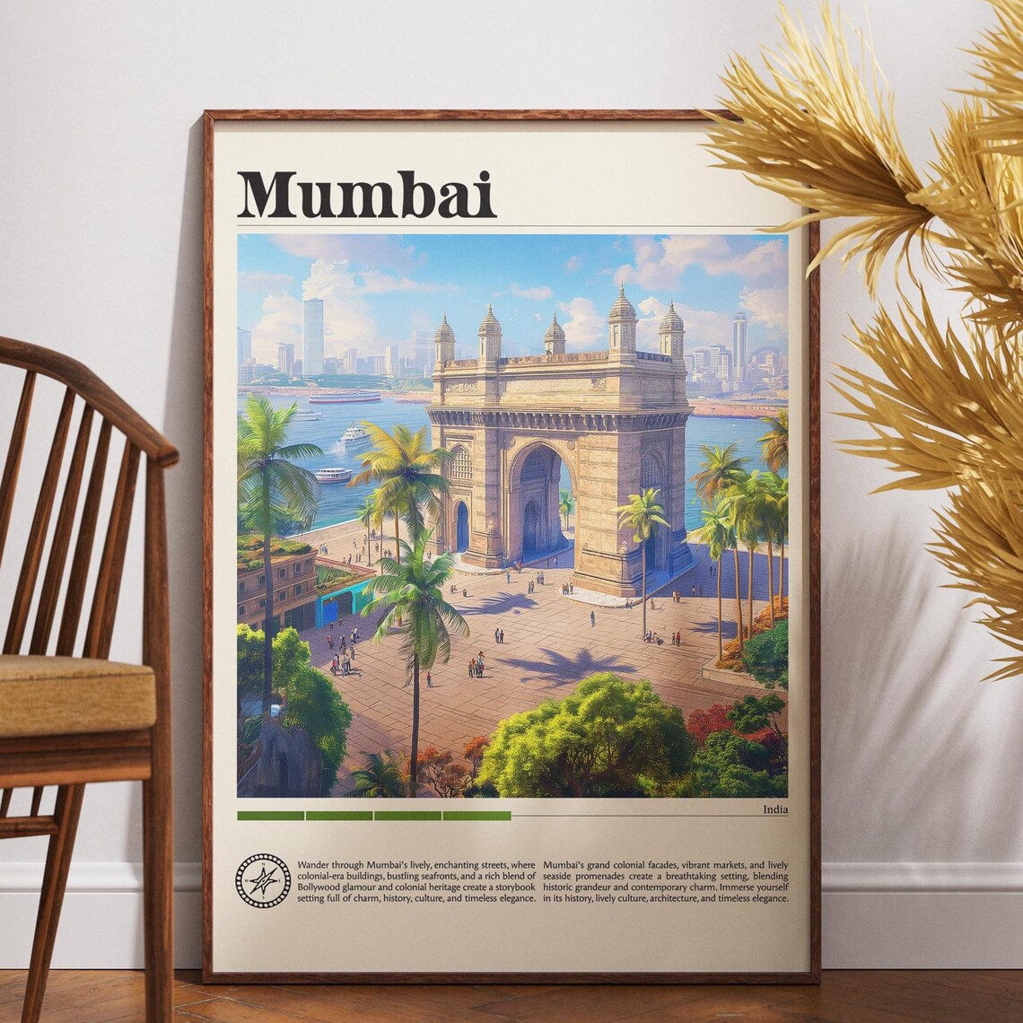 Mumbai India Travel Poster Gateway of India Palms Vintage Art