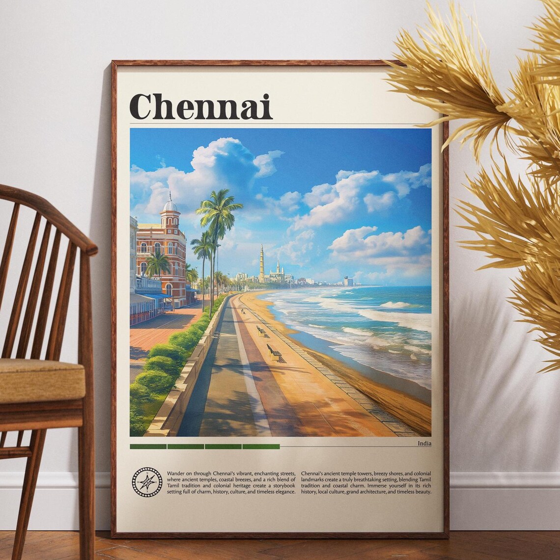 Chennai India Vintage Travel Poster Marina Beach Coast Tamil Nadu Art