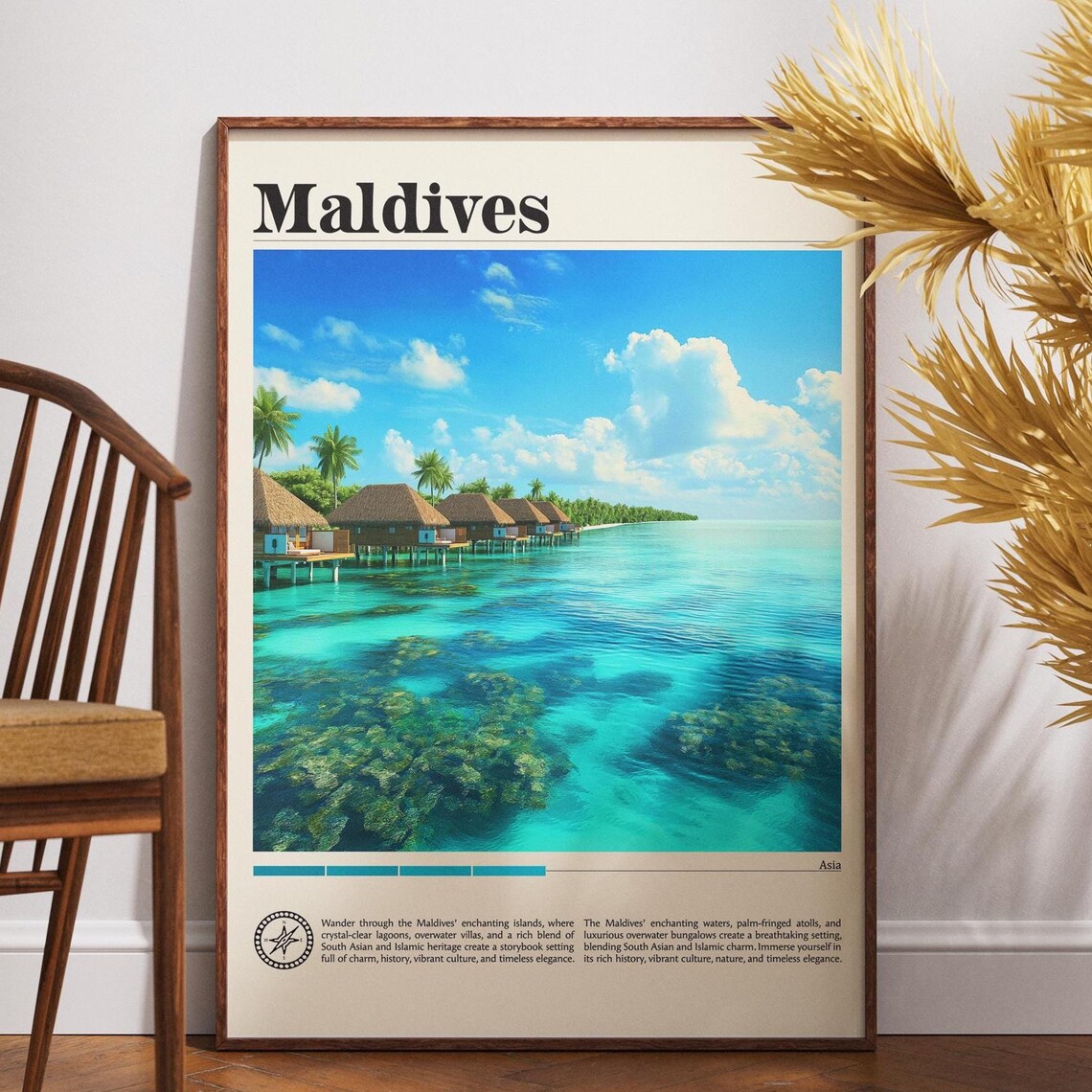 Maldives Overwater Villas Turquoise Lagoon Vintage Asia Travel Poster