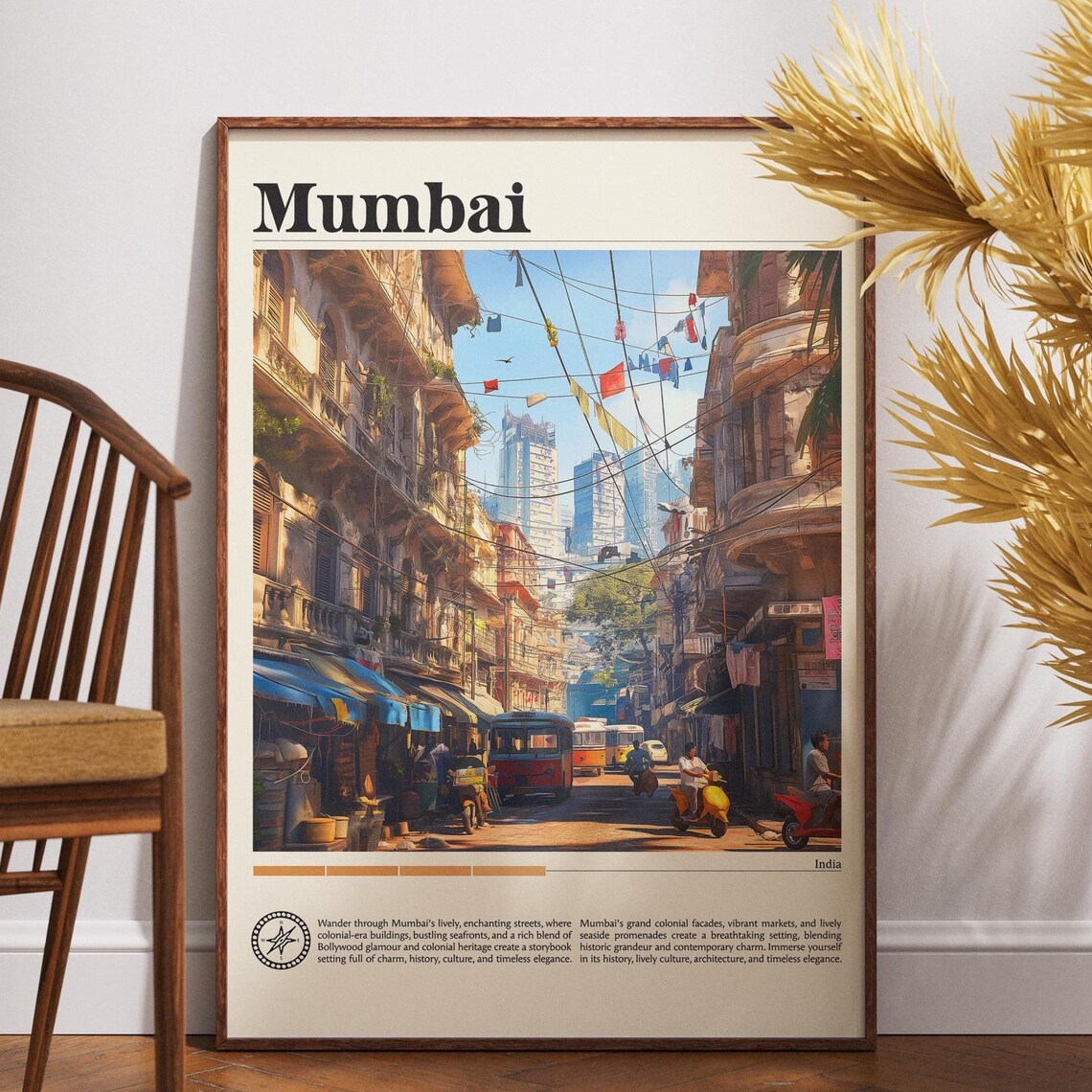 Mumbai India Travel Poster Busy Street Market Vintage Scene Art