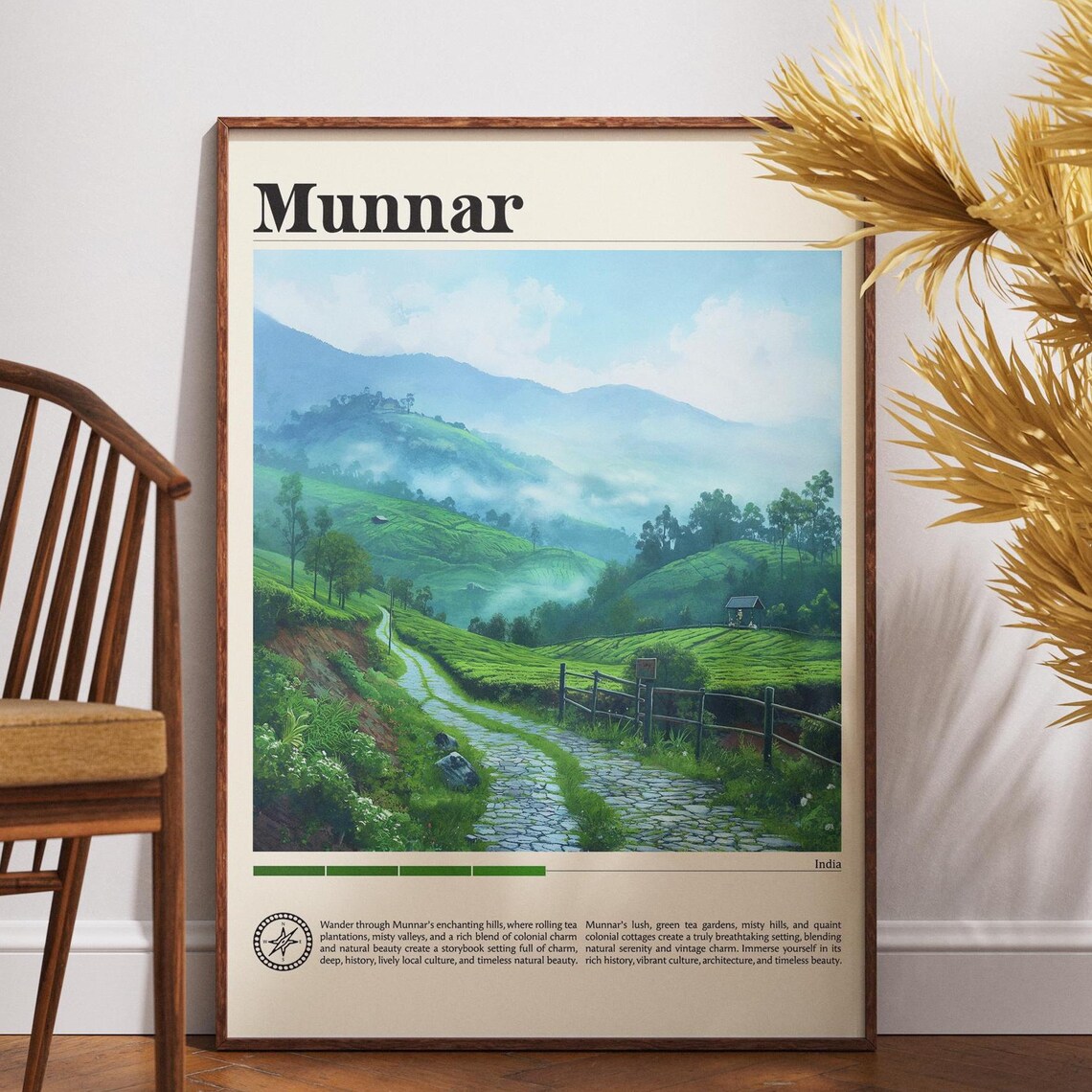 Munnar India Travel Poster Tea Plantation Misty Hills Scene Art