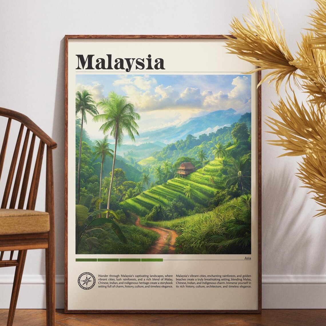 Malaysia Rice Terraces Palm Forest Vintage Asia Travel Poster