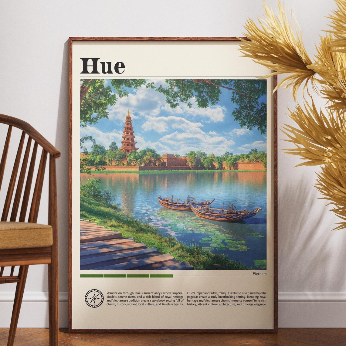 Hue Vietnam Imperial Pagoda Perfume River Boat Vintage Travel Poster