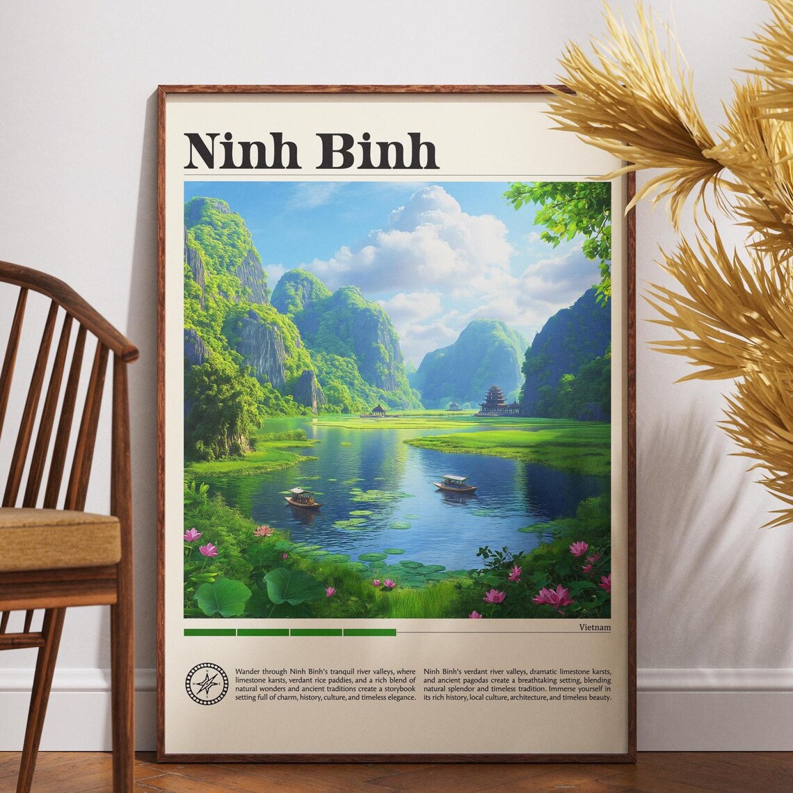 Ninh Binh Vietnam Limestone Karst River Lotus Boat Vintage Travel Poster