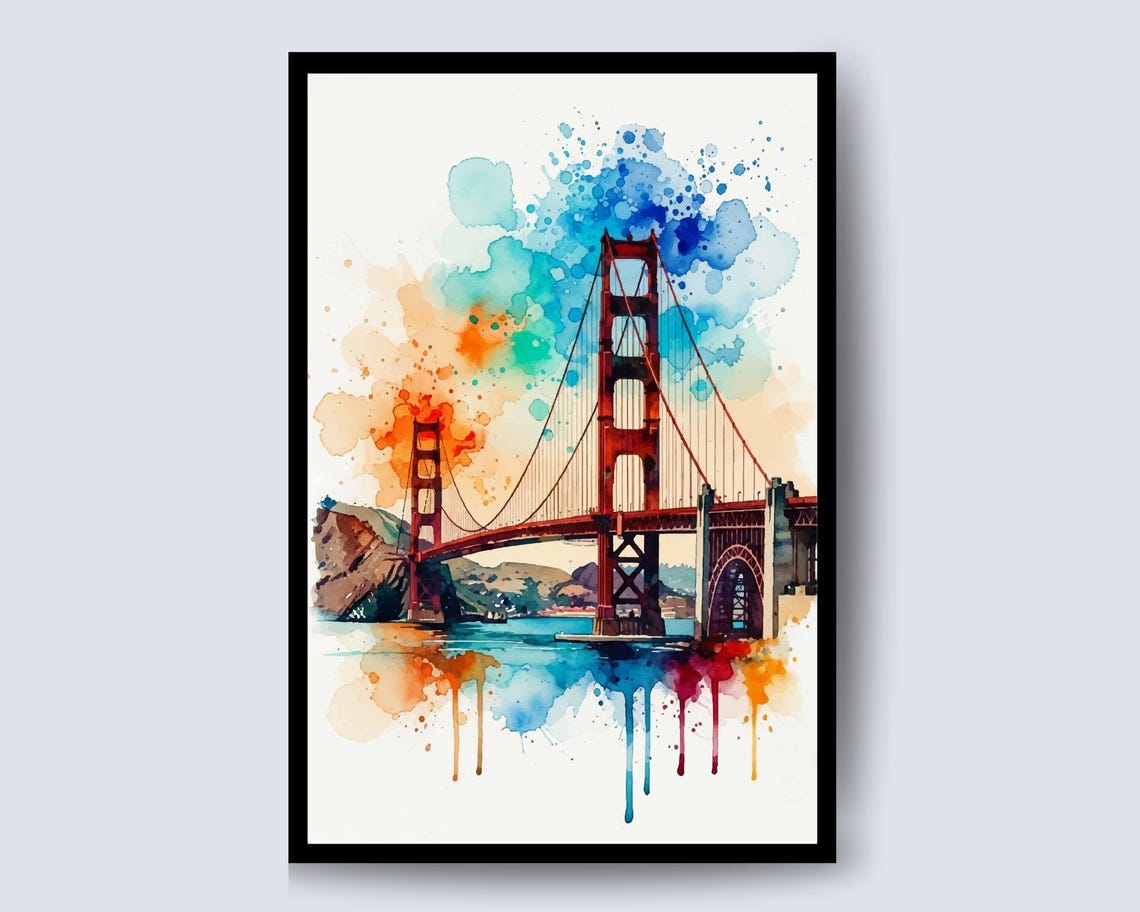 Golden Gate Bridge San Francisco Vibrant Watercolor Splash Poster