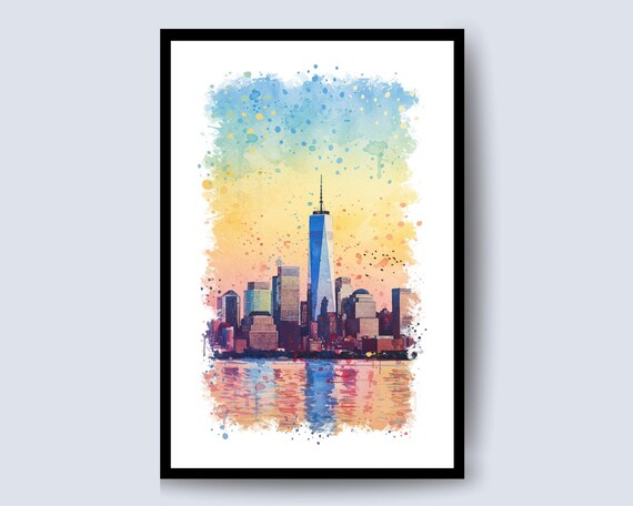New York City Skyline Watercolor Manhattan Sunset Art Poster