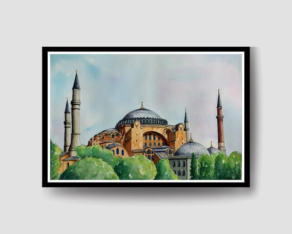 Hagia Sophia Istanbul Mosque Minarets Watercolor Travel Poster