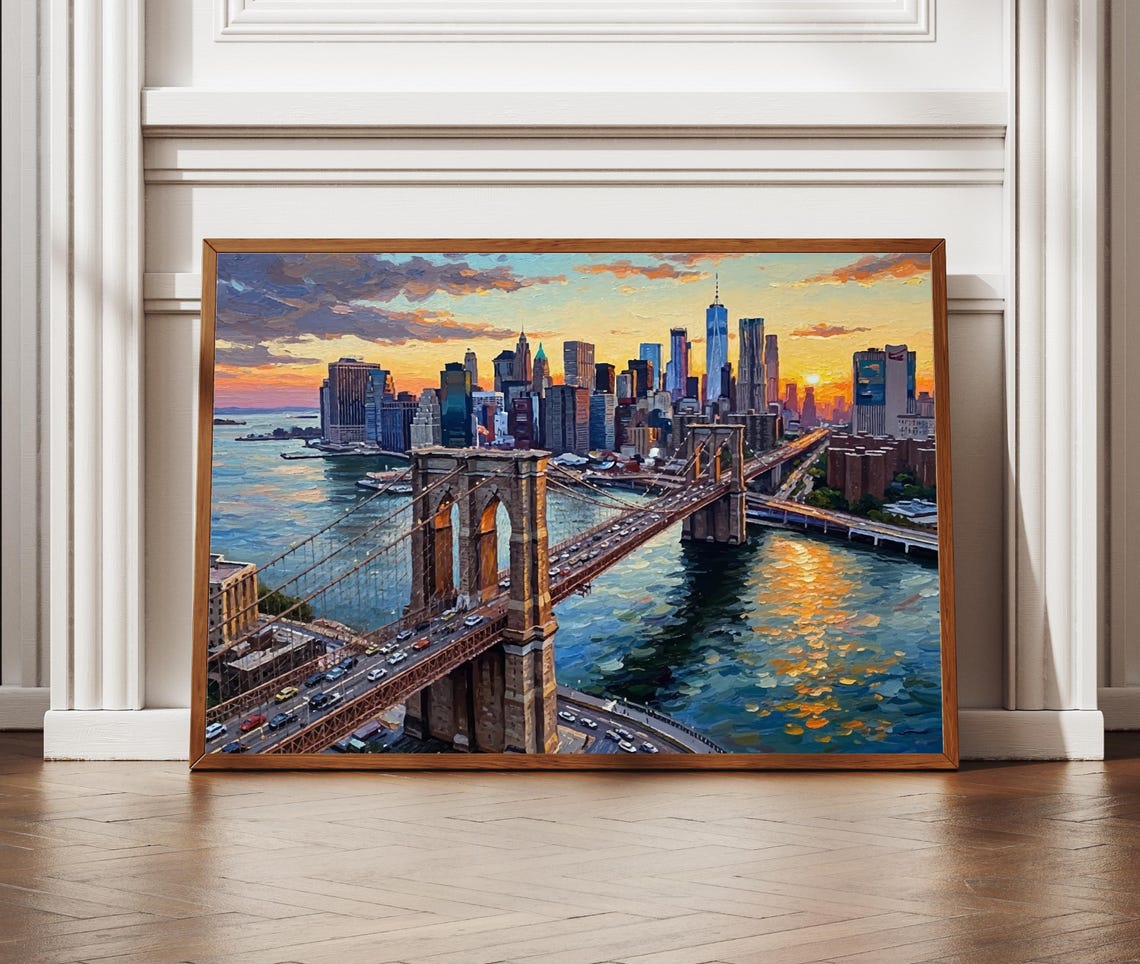 Brooklyn Bridge and Manhattan Skyline at Sunset Textured Poster